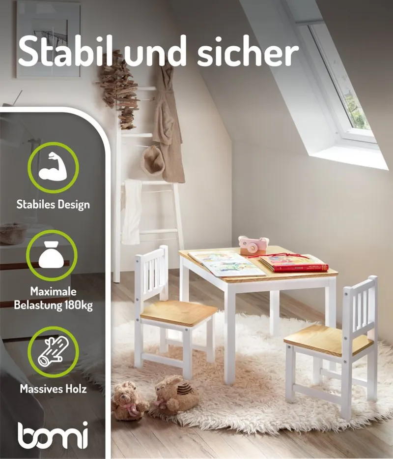 bomi bomi Kindersitzgruppe Holzsitzgruppe Amy, (Set, 5-tlg., oder 5 tlg. erhältlich), Kindertischgruppe, Tisch & Stühle Kinderzimmer, als Spiel- & Maltisch, Beige, – Produktbild 4 von 5