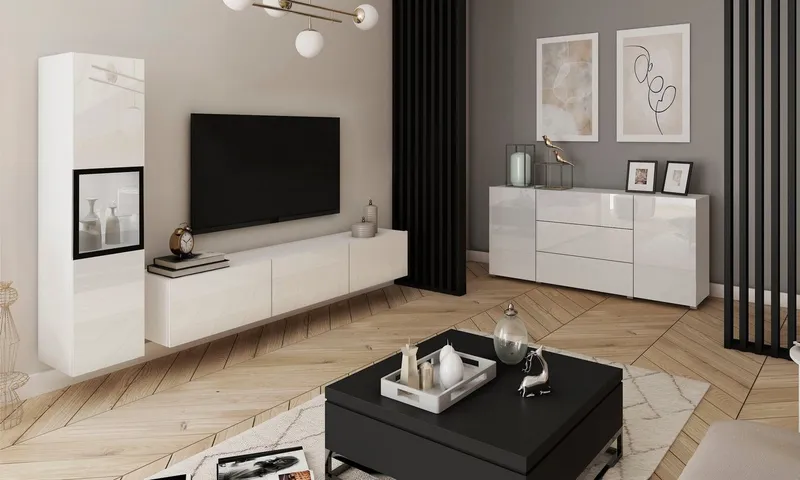 Home affaire Wohnwand BERLIN I, Vitrine Türschlag links/rechts wechselbar, (Komplett-Set, 2-St), moderne grifflose Mediawand Breite 220 cm, Vitrine mit Verglasung, Weiß, – Produktbild 4 von 5