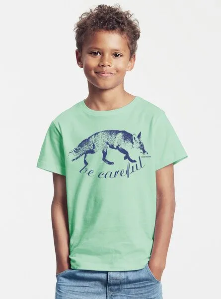 Peaces.bio - handbedruckte Biomode Peaces.bio - handbedruckte Biomode Bio-Kinder T-Shirt Be Careful, Mint, – Produktbild 2 von 2
