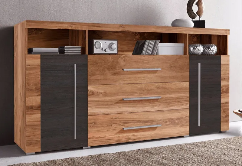 OTTO home Sideboard Roger,Breite 182cm, stilvolle Schrank, 2 Holztüren 3 Schubladen, Kommode mit viel Stauraum, Einlegeböden verstellbar, Braun, – Produktbild 3 von 5