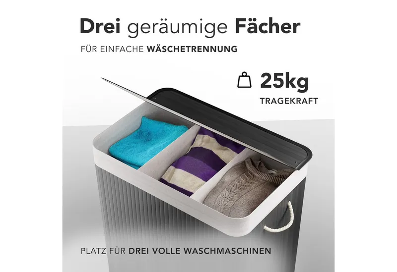 NewHabitat Wäschekorb Bambus Wäschekorb 3 Fächer, 150L Wäschesammler mit Deckel & Sack, Schwarz, – Produktbild 4 von 5