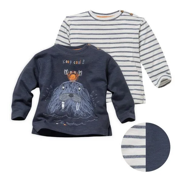 People Wear Organic People Wear Organic Langarm-Shirt Doppelpack, dunkelblau mit Print "Walross" und maritim gestreift, aus Bio-Baumwolle – Produktbild 1 von 4