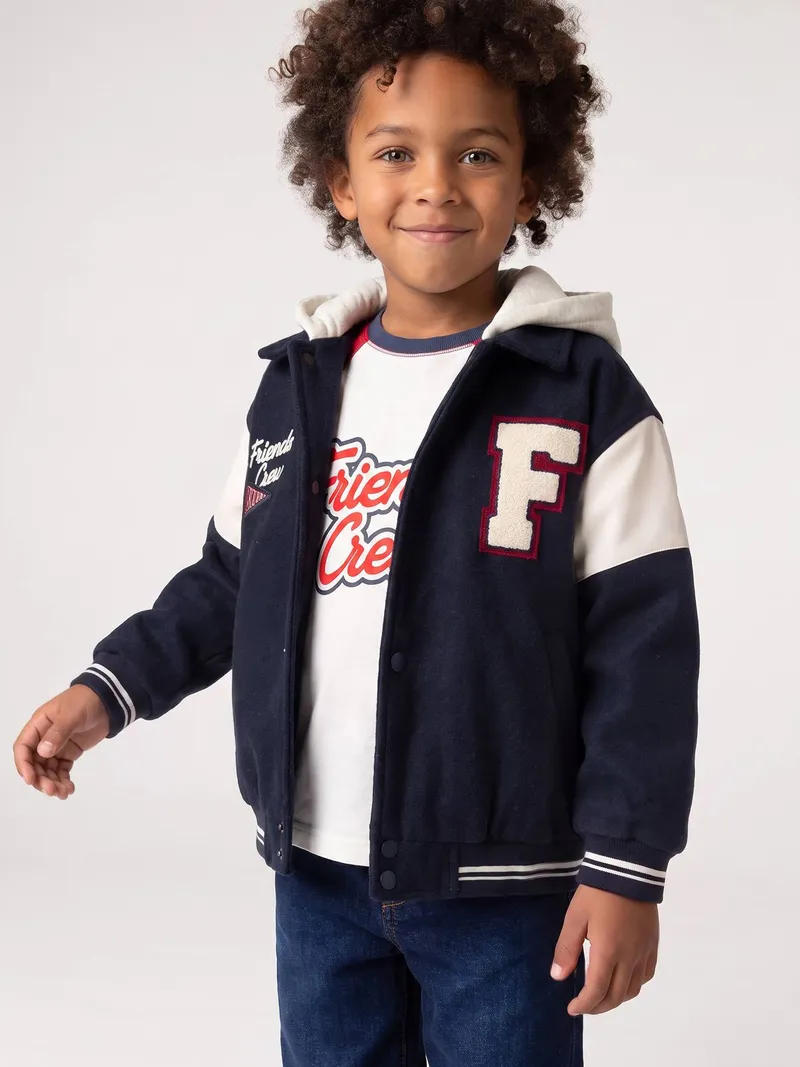 Vertbaudet Vertbaudet Jungen Collegejacke mit abnehmbarer Kapuze Wollmix, Marine, – Produktbild 1 von 4