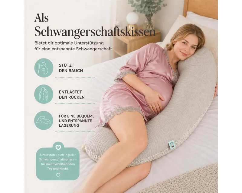 SEI Design Stillkissen Musselin GOTS & Teddyplüsch, Faserbällchen, IGR, Grau, 190x35, Schwangerschaftskissen mit Bezug, 1-tlg., Schwangerschaftskissen mit Bezug, Bezug Musselin Baumwolle, Grau, – Produktbild 2 von 5