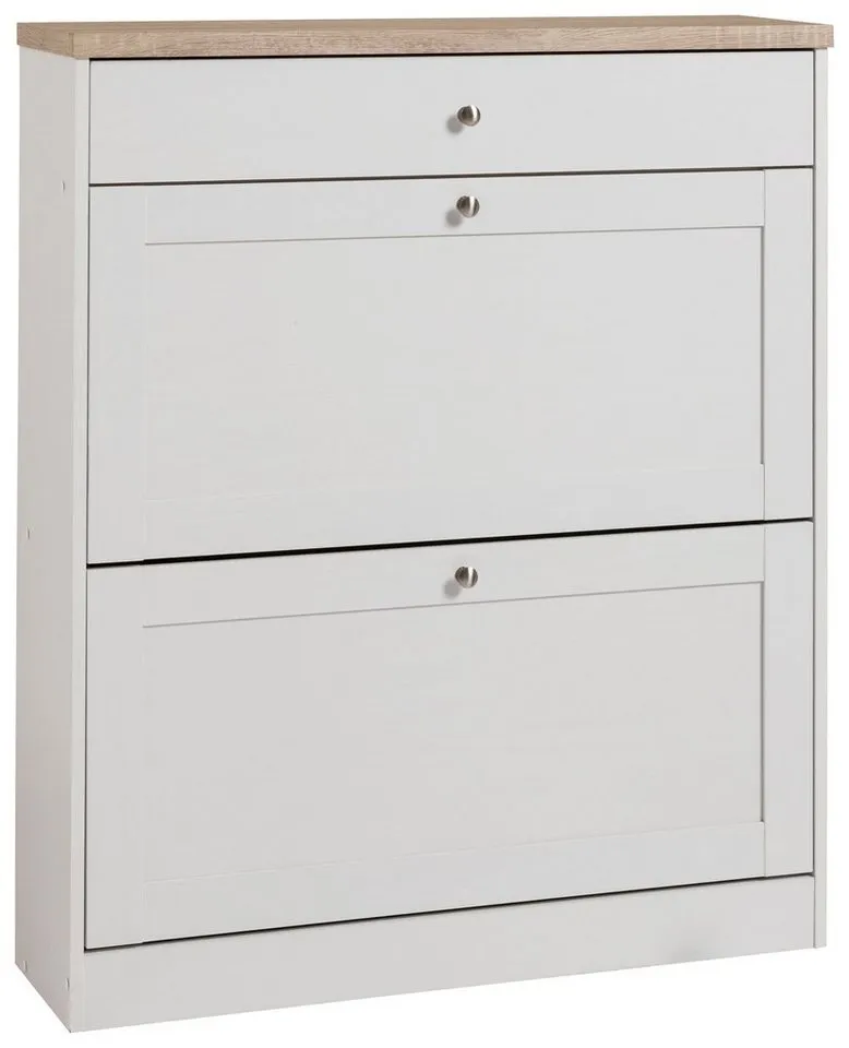 OTTO home Schuhschrank Heide Breite 90cm, mit Schubkasten, 2 Klappen und Facettenfront, Höhe 103cm, Weiß, – Produktbild 2 von 8