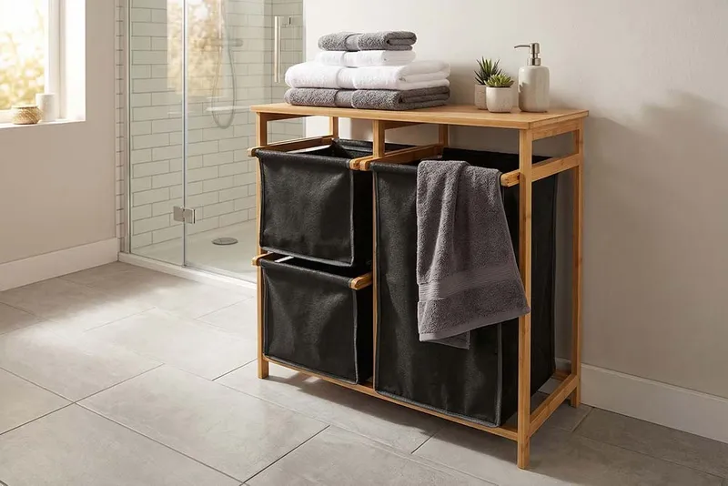 riess-ambiente Wäschekorb LAGOON SPA 70cm natur/grau – Bambus-Massivholz, 3 Wäschebeutel, FSC (Einzelartikel, 1 St), Wäschesammler mit ausziehbaren Säcken – ideal für vorsortierte Wäsche, Grau, – Produktbild 4 von 5