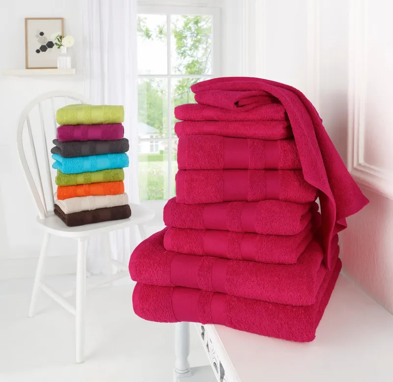 OTTO home Handtuch Set Vanessa, 10-tlg Handtuch-Set, weich, in Standard- und Premium-Qualität, Walkfrottee (Set, 10-St), 100% Baumwolle, Duschtücher, Handtücher, Gästetücher, mit Bordüre, Rot, – Produktbild 1 von 8