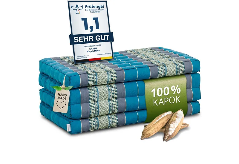 Klappmatratze Faltmatratze 80 cm (Classic) - 200x80x8cm, livasia, 8 cm hoch, Kapok, vegan, handgefertigt, Blau, – Produktbild 1 von 5