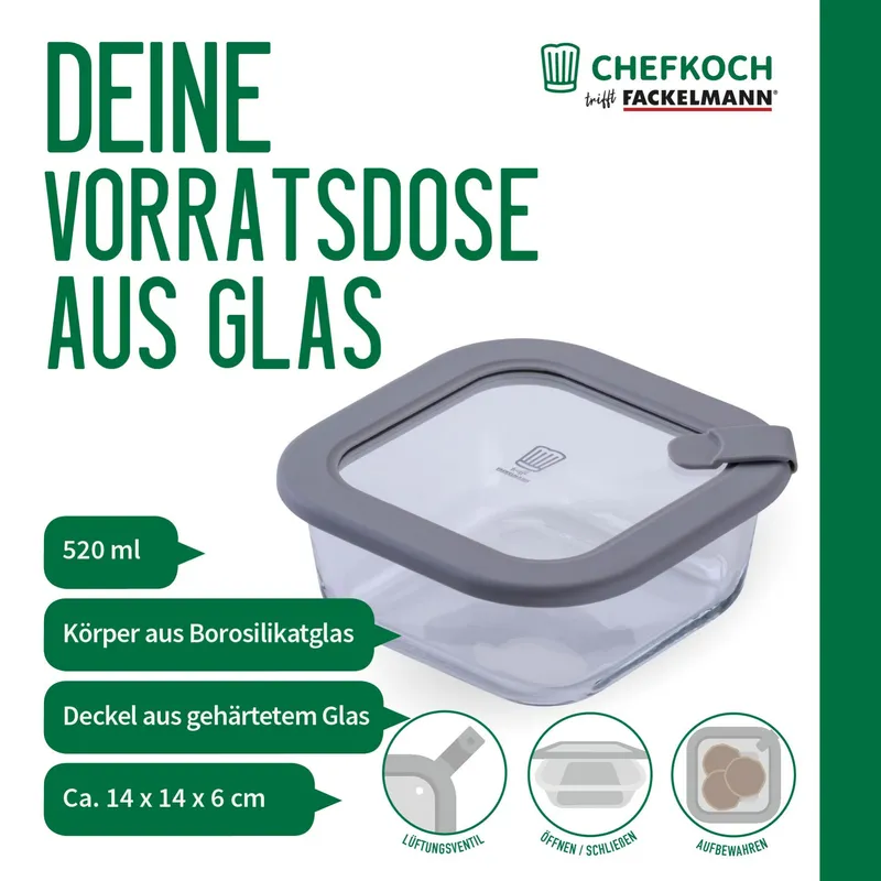 Chefkoch trifft Fackelmann Chefkoch trifft Fackelmann Vorratsdose Glas, eckig, 520ml – Produktbild 3 von 3