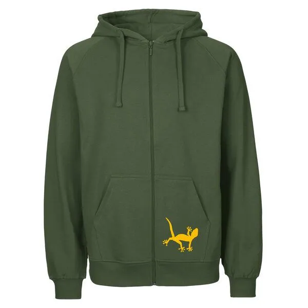 HANDGEDRUCKT HANDGEDRUCKT "Geckos" Männer Zip-HOODY aus reiner Biobaumwolle (kbA), Militarygreen, – Produktbild 2 von 4