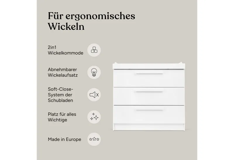 Ehrenkind Wickelkommode Linia mit abnehmbarem Wickelaufsatz aus Kiefer, 3 Schubladen + Regal, made in Europe, Weiß, – Produktbild 3 von 5