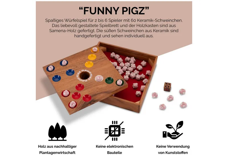 LOGOPLAY Spiel Original Funny Pigz mit Karton, Familienspiel, Original Funny Pigz Lustiges Schweinchenspiel-Würfelspiel aus Holz &, Beige, – Produktbild 4 von 5