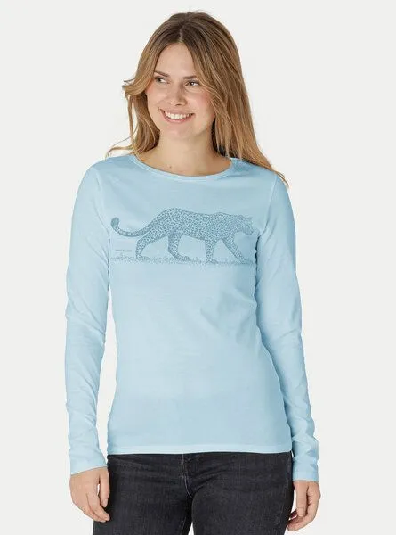 Peaces.bio - handbedruckte Biomode Peaces.bio - handbedruckte Biomode Bio-Damen-Langarmshirt Leopard, Hellblau, – Produktbild 1 von 2