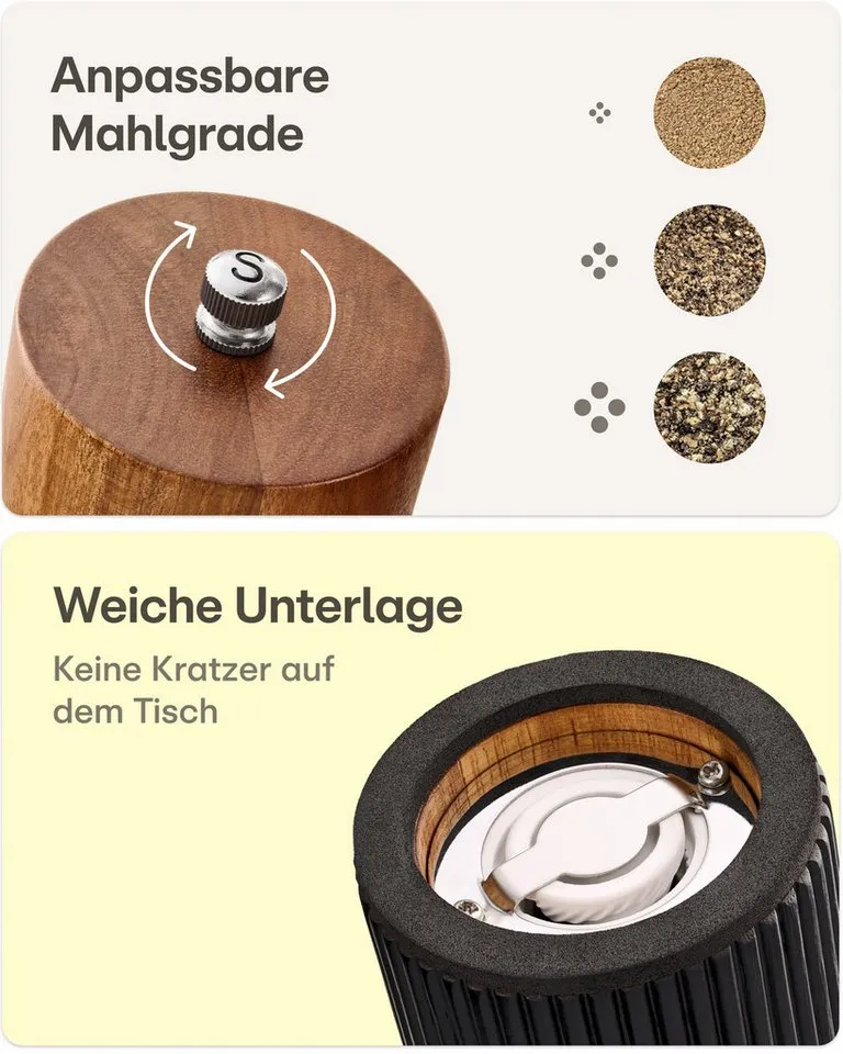 Praknu Salz- / Pfefferstreuer Salz & Pfeffermühle Set Akazien Holz – Edles Design & Keramikmahlwerk, (2er Set, 2-tlg), FSC-zertifiziert, Keramikmahlwerk, Stufenlos einstellbar, Langlebig, Schwarz, – Produktbild 4 von 5