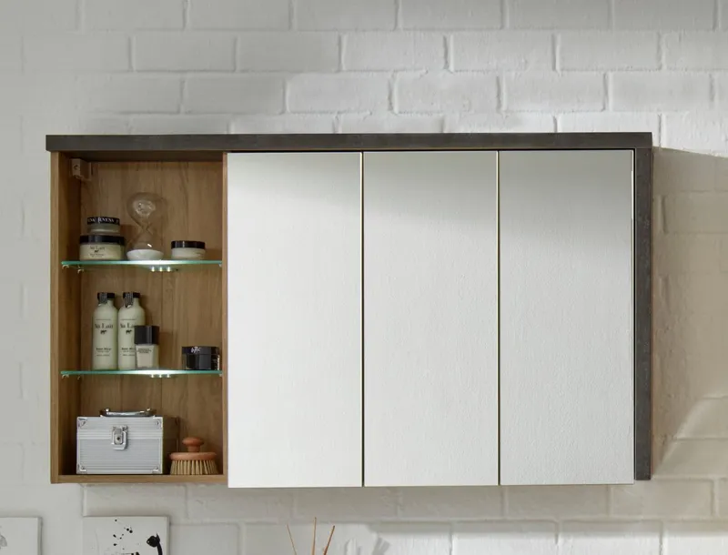 welltime Spiegelschrank Bilbao Badezimmerschrank mit 2 Glasböden und 9 Fächern - (B/T/H) 123/18/71 cm, Beige, – Produktbild 1 von 5