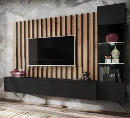 Furn.Design Wohnwand Pearl, (Mediawand in schwarz mit Artisan Eiche, 3-teilig, 220 x 190 cm), Push-To-Open, inkl. LED Beleuchtung – Produktbild 1 von 1