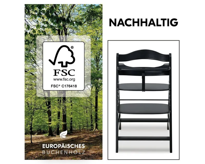 Hauck Hauck Tischsitz Alpha Plus - Black, Mitwachsender Holz Babystuhl Kinderhochstuhl mit Gurt FSC zertifiziert, Schwarz, – Produktbild 3 von 5