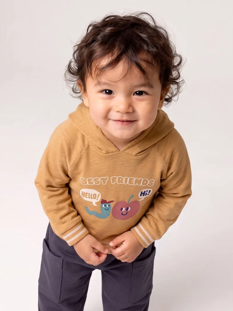 Vertbaudet Baby Shirt mit Kapuze & Print 100% Bio-Baumwolle GOTS-zertifiziert ocker, Ocker, – Produktbild 1 von 4