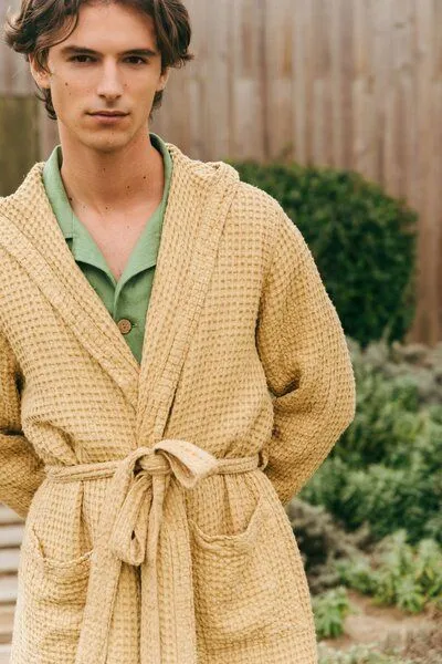 AmourLinen AmourLinen Wabenförmiger Bademantel für Männer, Senfgelb, – Produktbild 1 von 3