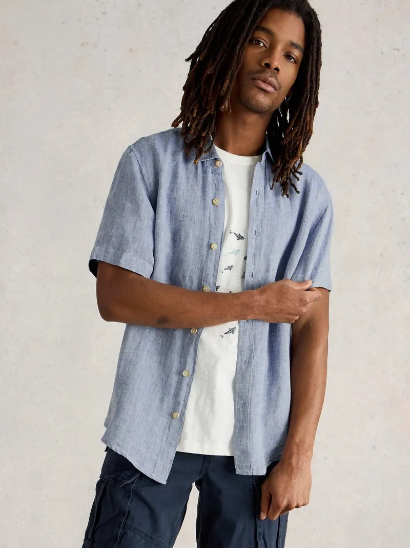 White Stuff Leinenhemd Keswick Kurzarm - XXL, Chambray blau, – Produktbild 3 von 4