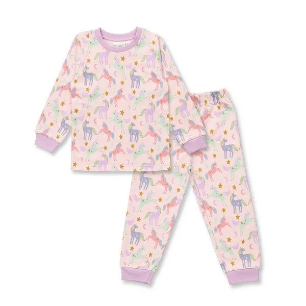 Sense Organics Sense Organics Kinder Schlafanzug, Modell LONG JOHN SWEAT, Zarter einhorn-druck auf rosa hintergrund, – Produktbild 1 von 4