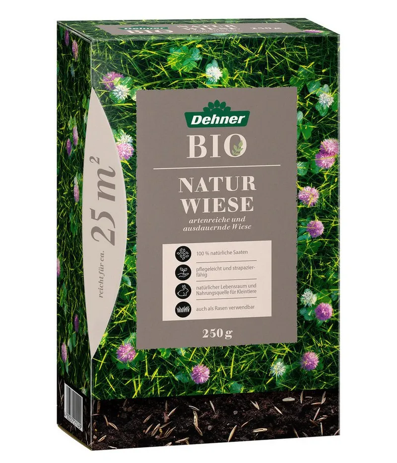 Dehner Rasensamen Bio Saatgut Naturwiese, insektenfreundlich, pflegeleicht, 250 g, 25 m², strapazierfähig, für naturnahe Gärten, lebendige Naturflächen – Produktbild 1 von 5