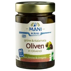 Mani Bläuel Grüne & Kalamata-Oliven mit Stein in Olivenöl – Produktbild 1 von 1