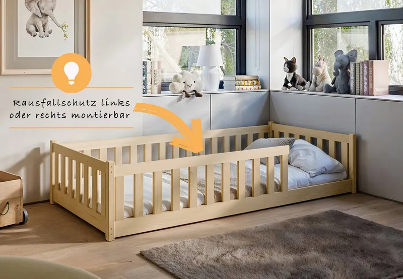 Kids Collective Kinderbett Bodenbett Bett mit Rausfallschutz & Lattenrost Montessori Bett Kinder (Jungen, Mädchen, Kinder, weitere Größen 80x160, 90x190, 90x200, 120x200, 140x200 cm), Jugendbett Gitterbett Einzelbett, Natur Kiefer 80x180 cm, Beige, – Produktbild 5 von 5