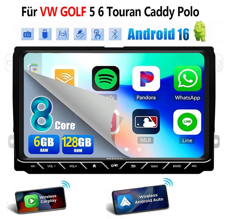 ESSGOO DAB+ Android16 6+128G Carplay GPS 4G Für VW GOLF 5 6 Touran Caddy Polo Autoradio (6GB+128GB, RDS, 4G LTE, FM, AM, DAB+ (optional), SWC, Carplay Android Auto Bluetooth EQ USB GPS Navi WIFI Touchscreen), Schwarz, – Produktbild 2 von 8