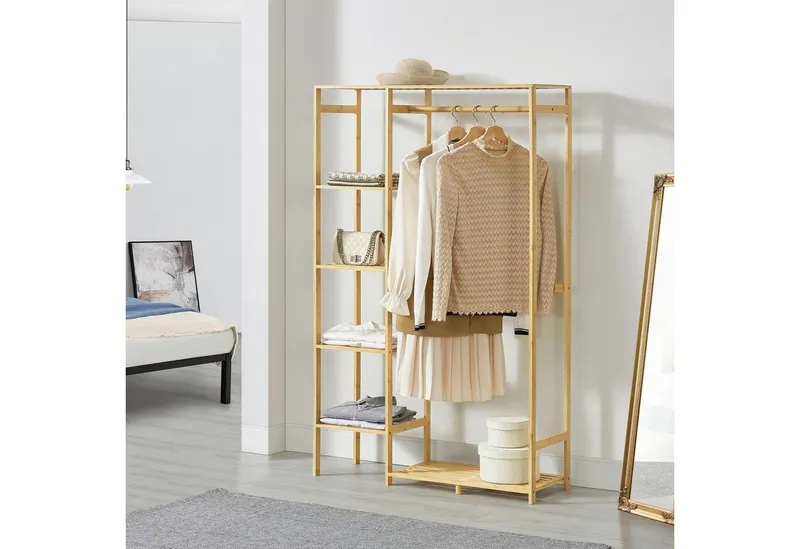 en.casa Garderobenständer, »Eurajoki« Kleiderständer, 4 Ablagefächer, 2 Ablageflächen, Bambus, Beige, – Produktbild 1 von 4