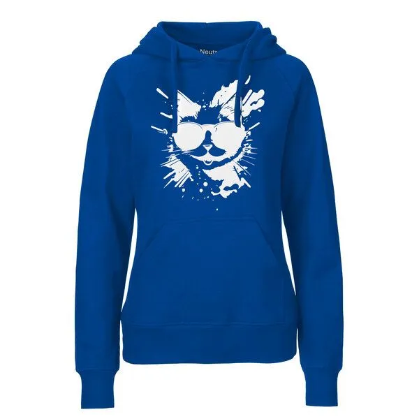 HANDGEDRUCKT HANDGEDRUCKT "Cool Cat" Frauen HOODY aus reiner Biobaumwolle (kbA), Royal, – Produktbild 1 von 4