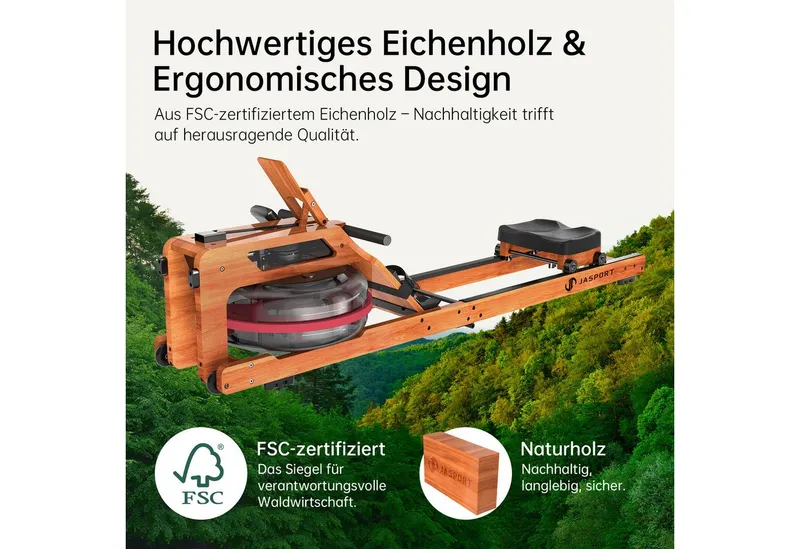 JASPORT Rudergerät R3 Wasser-Rudergerät klappbar Eichenholz LCD-Display Kinomap (Klappbares Rudergerät aus Eichenholz, Kinomap kompatibel & LCD-Trainingscomputer), 28-Liter-Wassertank, für Nutzer bis 205 cm, belastbar bis 150 kg, Kirschholzfarbe, – Produktbild 2 von 5