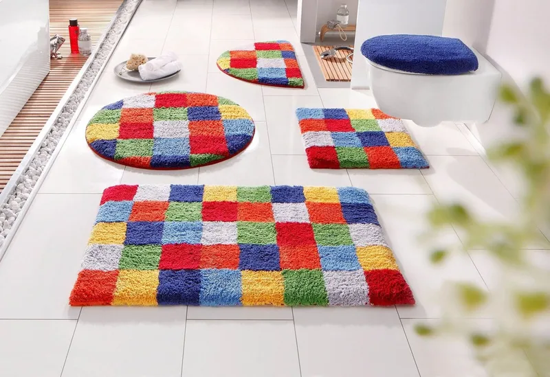 OTTO home Badematte Kira, Badvorleger, Badezimmer Teppich, Kästchen, Höhe 12 mm, beidseitig nutzbar, strapazierfähig, fußbodenheizungsgeeignet, Baumwolle (Bio-Baumwolle), 2-tlg. Stand-WC Set, bunt, Badteppich, Badematten auch als 2 teiliges Set erhältlich, Bunt, – Produktbild 3 von 5