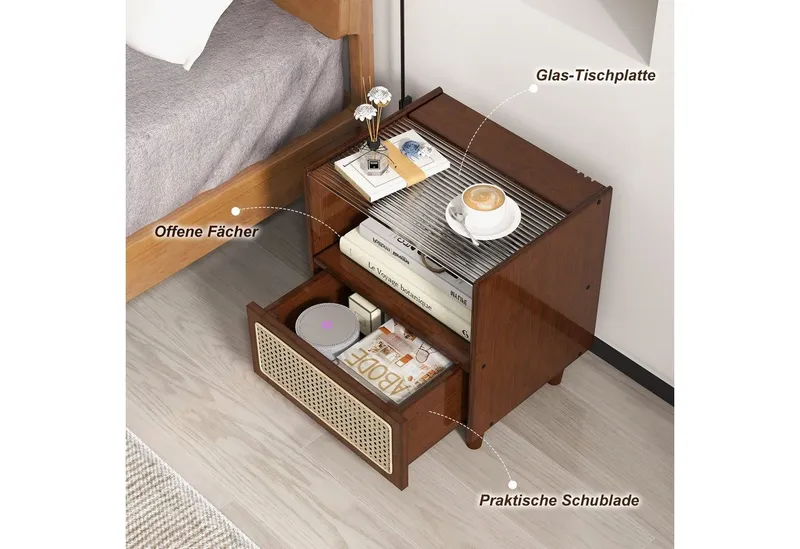 COSTWAY COSTWAY Nachttisch (1-St), mit Schublade und Glastischplatte, aus Bambus & Rattan, Braun, – Produktbild 5 von 5