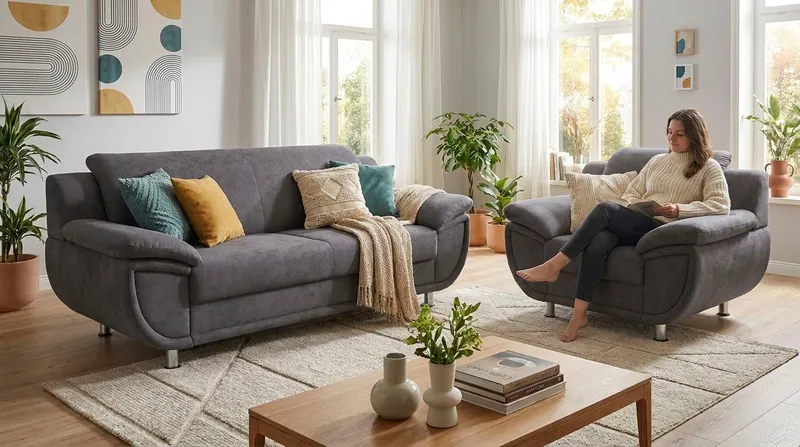 TRENDMANUFAKTUR 2-Sitzer Rondo 178 cm, 2-Sitzer, komfortabel, Federkern optional, Chromfüße, Couch wahlweise mit Federkern und in verschiedenen Bezügen bestellbar, Grau, – Produktbild 4 von 8