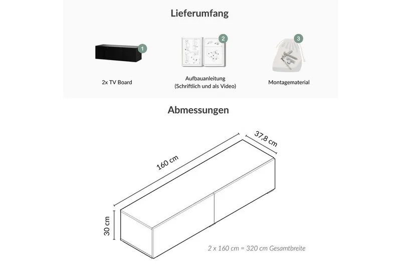 Planetmöbel TV-Schrank West TV-Board, Fernsehtisch 320 cm lang, TV-Lowboard (für Fernseher bis 75 Zoll, TV Schrank viel Stauraum, 2-St., sideboard hängend, Fernsehschrank 2x 160 x 30 x 37,5 cm) schwarz, Schwarz, – Produktbild 4 von 4
