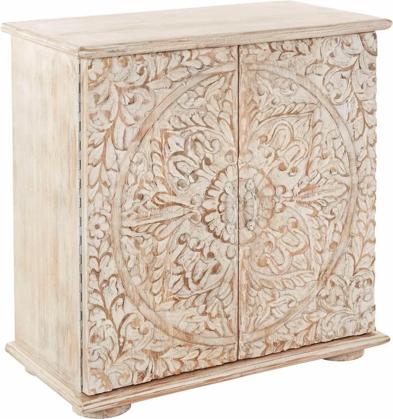 OTTO home Kommode Salim Sideboard handgefertigt, 2 Türen und dekorative Schnitzereien, Fronten mit individuellen Schnitzereien und Bügelgriffe aus Metall, Beige, – Produktbild 3 von 5