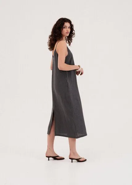 AmourLinen AmourLinen Leinen langes Kleid Jakarta, Charcoal (schwarz), – Produktbild 2 von 4