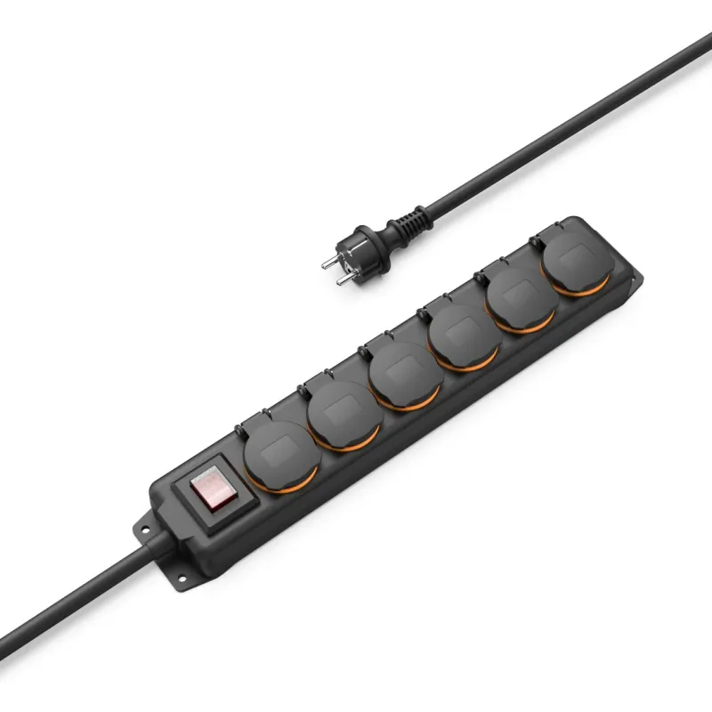 Hama Hama Steckdosenleiste, 6-fach, für außen IP44, Schalter, Wandmontage, 2 m, Schw. – Produktbild 2 von 4
