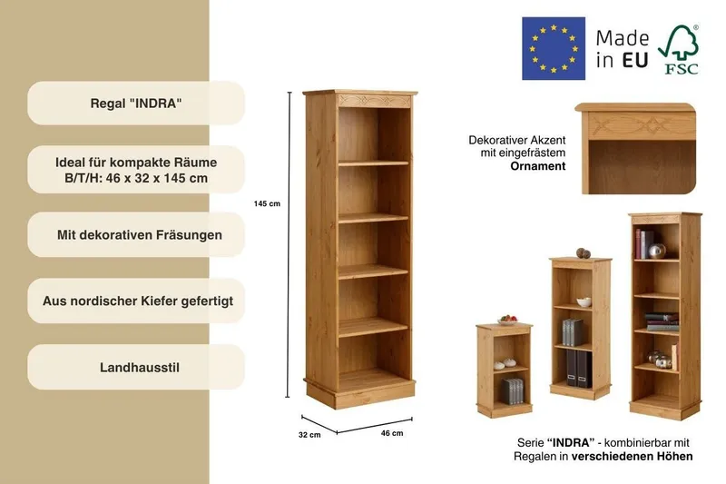OTTO home Standregal Indra Bücherregal mit 5 Fächern und einer dekorativen Fräsung, aus Massivholz, 4 Einlegeböden, dekorative Fräsung, Beige, – Produktbild 5 von 5