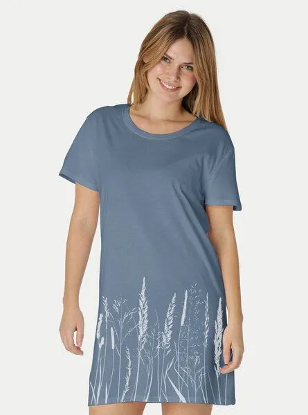 Peaces.bio - handbedruckte Biomode Peaces.bio - handbedruckte Biomode Longshirt Gräservielfalt Damen, Blaugrau, – Produktbild 2 von 2
