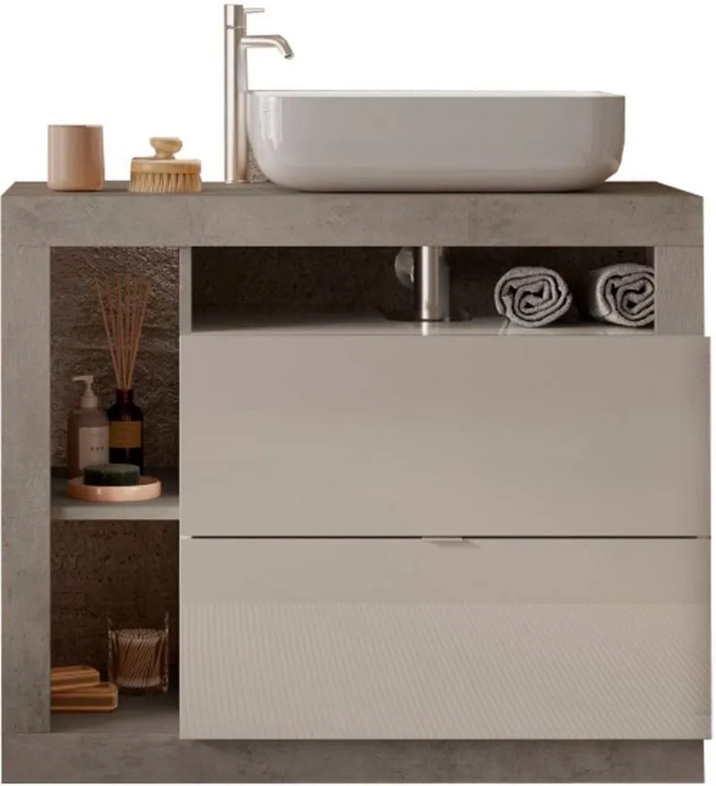 welltime Waschtisch Hamburg, 2 Schubkästen, Breite 92 cm, Soft-Close, inkl. Keramik-Aufsatzbecken, Weiß, – Produktbild 3 von 8