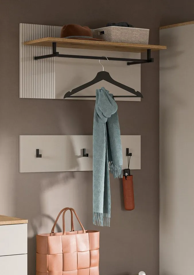 Inn.Furn Garderobenpaneel Skid (Wandgarderobe in Kaschmir Sand mit Eiche, Set 2-teilig, 80 x60 cm), mit Kleiderstange und Fräsungen, Beige, – Produktbild 4 von 5