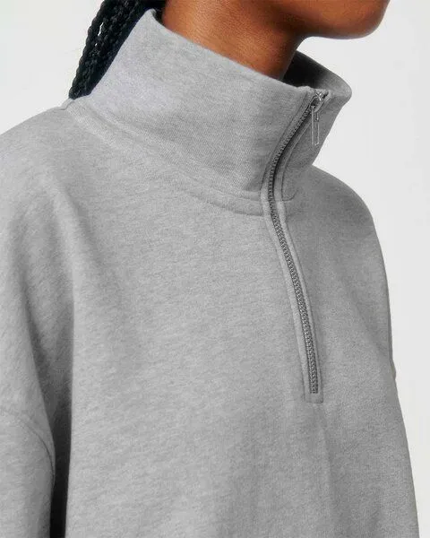 YTWOO YTWOO Oversized Sweatshirt mit kurzem Reißverschluss aus reiner Bio-Baumwolle; Unisex Troyer, Grau meliert, – Produktbild 4 von 4