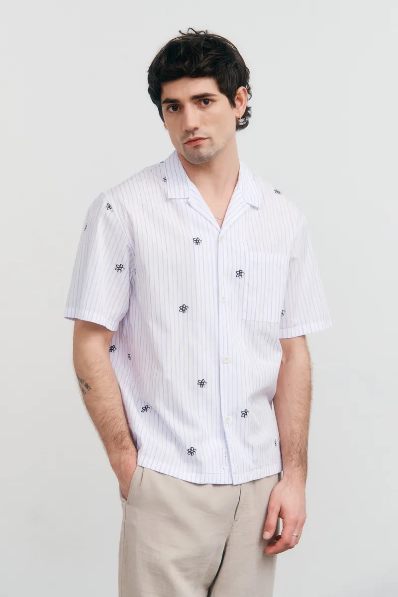 Rotholz Rotholz Herren vegan Shirt Bowling Flower Print Stripe, Blau, – Produktbild 2 von 2