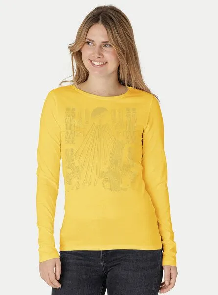 Peaces.bio - handbedruckte Biomode Peaces.bio - handbedruckte Biomode Langarmshirt Damen Sonnenscheibe Aton, Gelb, – Produktbild 2 von 3