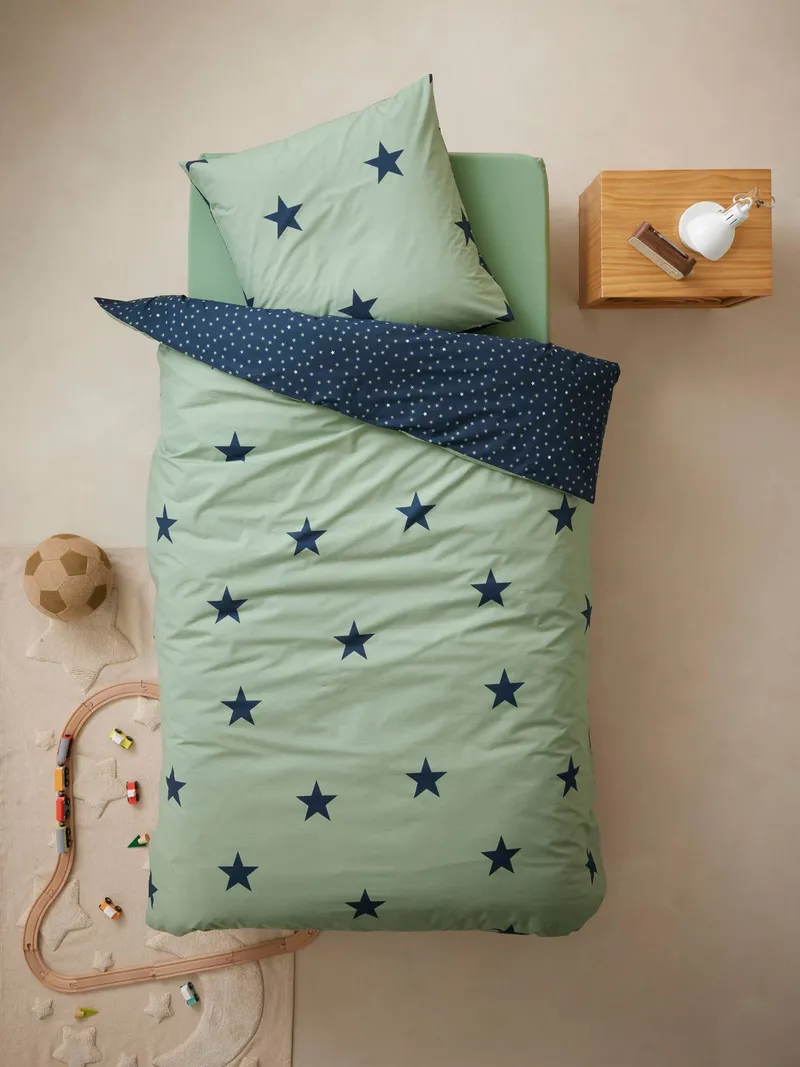 Vertbaudet Kinder Bettwäsche-Set DREAM BIG BASIC, Khaki/marine sterne, – Produktbild 2 von 3