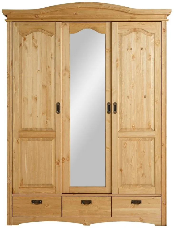 OTTO home Schiebetürenschrank Konrad, Landhausstil, rustikal, mit Schubladen + Spiegel, Kassetten (B/H/T ca. 153 cm x 207 cm x 64 cm) massive Kiefer, FSC®-zertifiziert, Messinggriffe, Beige, – Produktbild 4 von 5