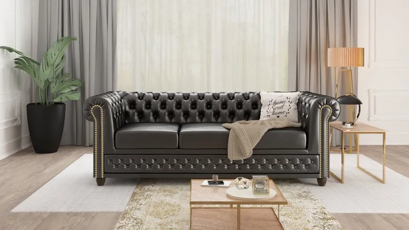 S-Style Möbel Polstergarnitur Chesterfield Jeff 3+2+1 aus veganem Leder mit Holzfüßen, (1x 3-Sitzer-Sofa, 1x 2-Sitzer-Sofa, 1x Sessel), mit Wellenfederung, Schwarz, – Produktbild 4 von 4