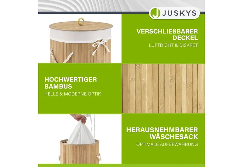 Juskys Wäschekorb Curly-Round 55 L in Natur aus Bambus mit Deckel & Wäschesack, Wäschesammler für 2 Personen, schmal mit Ø 35 x 60 cm & Kordelgriffen, Beige, – Produktbild 3 von 5